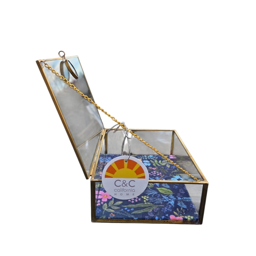 C&C California - NEW Floral Glass Jewelry Box Trinket Box w/Patina Gold Frame